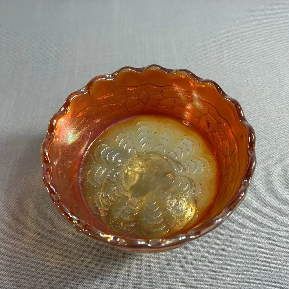 Vintage Marigold Carnival Glass Pedestal Candy Dish Scalloped Bowl 4 Inch